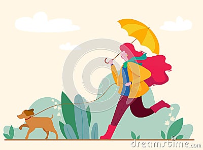Girl and dog walking in the autumn park Vector Illustration