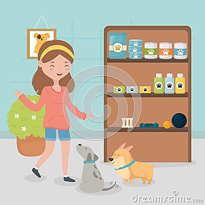 Girl and dogs in the vet with food medicine shelf pet care Vector Illustration