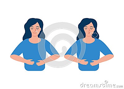 Girl is doing breathing exercise, deep exhale and inhale. Breathing exercise. Healthy yoga and relaxation. Vector Vector Illustration