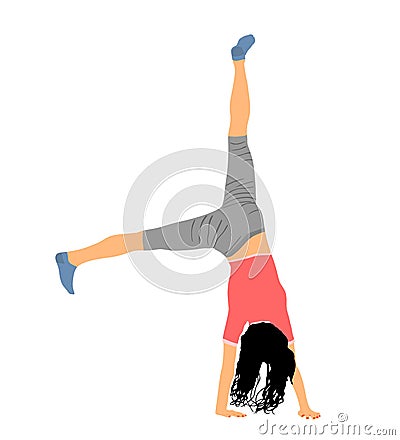 Girl doing cartwheel exercise. Sport woman acrobat figure in handstand position vector illustration. Vector Illustration