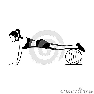 Girl doing fitness with fitball. Workout black icon. Vector. Vector Illustration