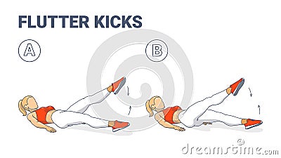 Girl Doing Flutter Kicks Exercise Fitness Home Workout Guidance Illustration. Vector concept. Vector Illustration