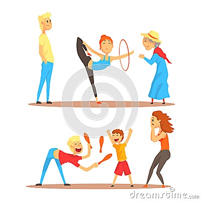 Girl doing gymnastics dance with hoop. Juggler playing with pins. Circus or street actors set of colorful cartoon Vector Illustration