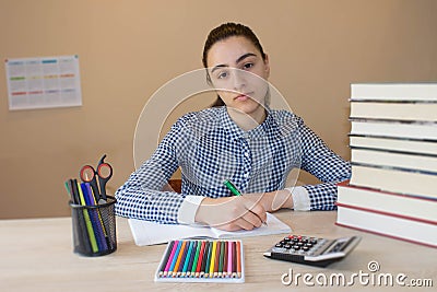 Girl doing her homework. School books on desk, education concept. Young Girl doing lessons at home Stock Photo