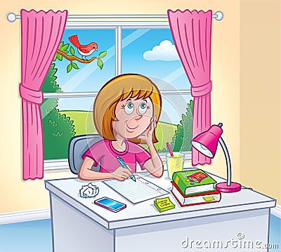 Girl Doing Homework In Her Room Cartoon Illustration