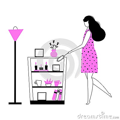 Girl doing housework, young woman housekeeper or maid dusting off - Housewife character doing the cleaning - Vector Vector Illustration