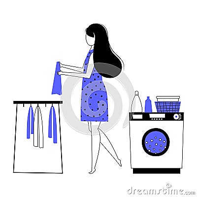 Girl doing housework, young woman housekeeper or maid washing and hanging wet laundry clothes - Housewife character and Vector Illustration