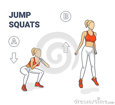 Girl doing Jump Squats silhouettes. Squatting jumps illustration concept. Vector Illustration