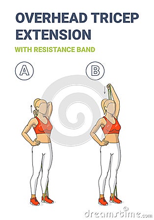 Girl Doing Overhead Tricep Extension Home Workout Exercise with Resistance Band Outline Guidance. Vector Illustration