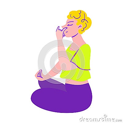 The girl is doing pranayama. Rest and relaxation. Beauty, care, hygiene concept clipart. Vector. Flat style Vector Illustration