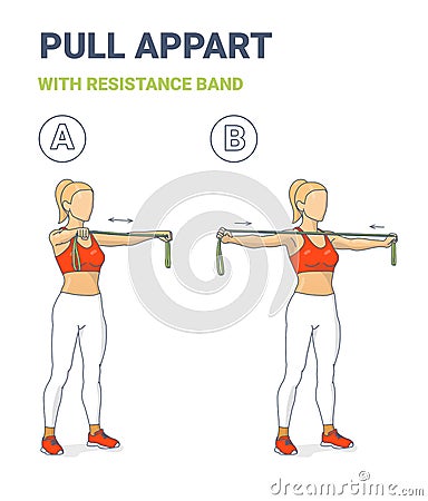 Girl Doing Pull Appart Home Workout Exercise with Resistance Band Rubber Equipment Guidance. Vector Illustration