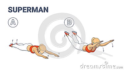 Girl Doing Superman Exercise Fitness Home Workout Guidance Illustration. Lying Back Woman Exercise. Vector Illustration