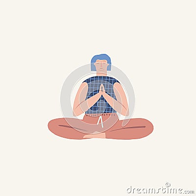 Girl doing yoga breathing exercise pranayama. Vector Illustration