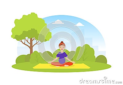 Girl Doing Yoga in City Park, Young Woman Meditating in Lotus Position During Morning Physical Workout Flat Vector Vector Illustration