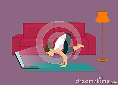 Girl doing yoga exercise workout online at home Vector Illustration