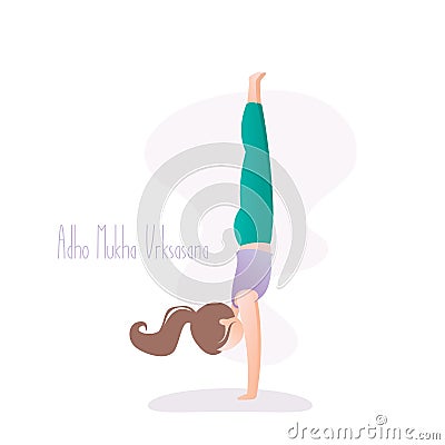 Girl doing yoga pose, Handstand or Adho Mukha Vrksasana asana in hatha yoga Vector Illustration
