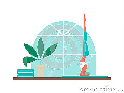 Girl doing yoga sport headstand at home studio Vector Illustration