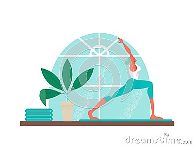 Girl doing yoga sport pose at home studio Vector Illustration