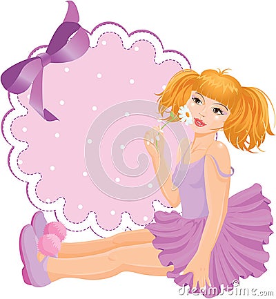 Girl doll against round lace frame with bow. Vector Illustration