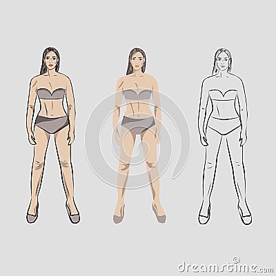 Girl, doll in underwear for putting on clothes on her. Capsule basic wardrobe for a woman. Minimalism. Fashion. Big cupboard. Isol Vector Illustration