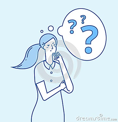 Girl in doubt. Young confused woman thinking. Pensive worried thoughtful businesswoman with problems vector concept Vector Illustration