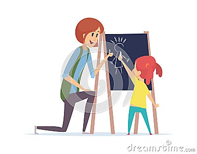 Girl drawing chalk. Little baby learning draw, teacher and kid. Isolated cartoon woman, nanny or babysitter vector Vector Illustration