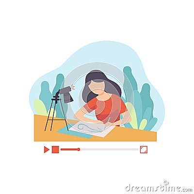 Girl Drawing Picture, Young Woman Blogger Creating Content about Her Hobby and Posting It on Social Media, Online Vector Illustration