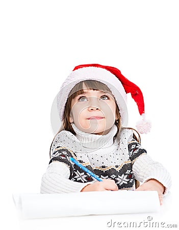 Girl dream about gifts and thinking what to write in a letter to santa on white Stock Photo