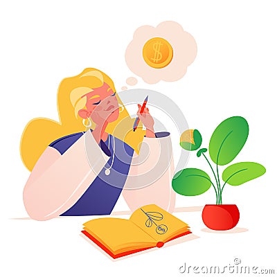 Girl dreams of future profits, pleasant spending. Vector Illustration