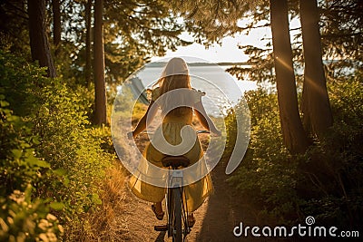 Girl in a dress on a bicycle, lit by a stunning sunset in the woods. It's a sign of freedom and vacation. Generative Ai Stock Photo