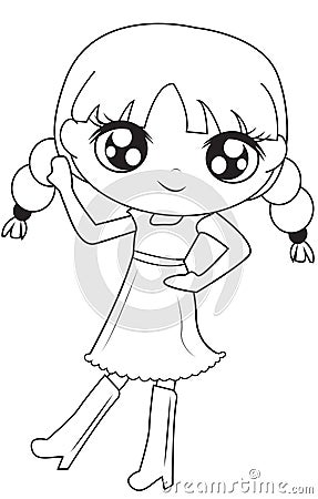 Girl in dress with boots coloring page Stock Photo