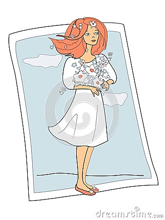 A girl in a dress with a bouquet of flowers on a background of blue sky colored drawing Vector Illustration