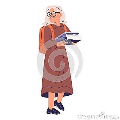 Girl in dress hold stack of books in hand, carrying backpack. Kid in glasses walk, stepping, go to study, get education Vector Illustration