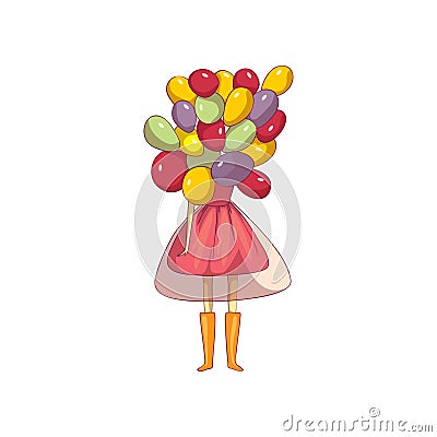 Girl in dress with a large bouquet of balloons. Vector illustration on white background. Vector Illustration