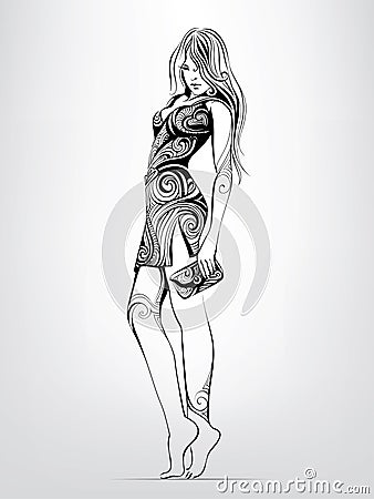 The girl in the dress of the ornament. vector illustration Vector Illustration