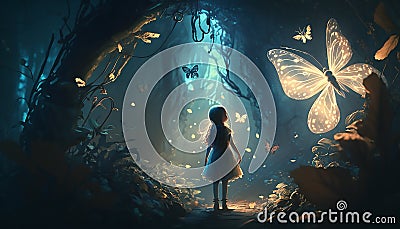 Girl in dress with shining butterfly walking in fantasy fairy tale elf forest Stock Photo
