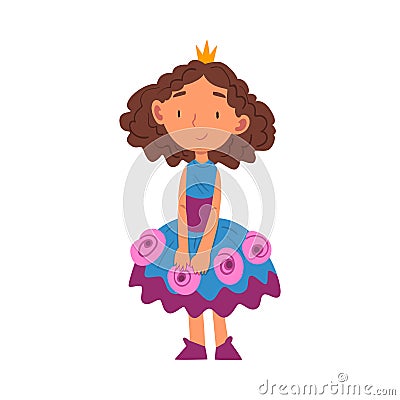 Girl Dressed as Princess, Cute Kid Playing Dress Up Game Cartoon Vector Illustration on White Background Vector Illustration