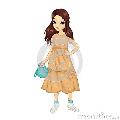 Girl in cute beige dress with flounces Vector Illustration
