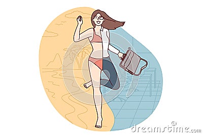 Girl dressed in bikini and office clothes at same time for concept leaving for long-awaited vacation Vector Illustration