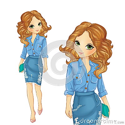 Girl Dressed In Denim Skirt And Shirt Vector Illustration