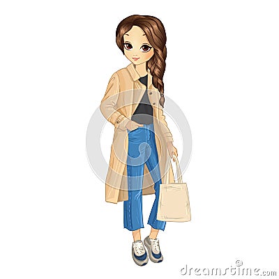 Girl in long beige coat and jeans Stock Photo