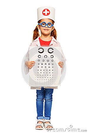 Girl dressed in ophthalmologist's costume and cap Stock Photo