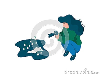 Girl Dressed in Seasonal Clothes Photographing Spring Flowers, Spring Season Outdoor Activities Vector Illustration Vector Illustration