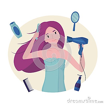 The girl dries her hair with a hair dryer. The concept of cleanliness, freshness and self-care. Daily routine. Vector Illustration