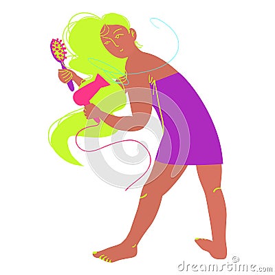 The girl dries her hair with a hairdryer. Beauty, care, hygiene concept clipart. Vector. Flat style Vector Illustration