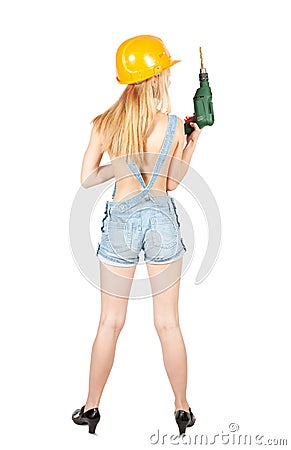 Girl with drill over white Stock Photo