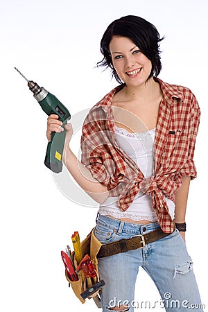 Girl with drilling machine Stock Photo