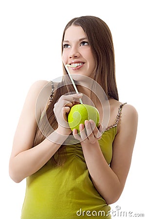 Girl drink apple puff cocktail smile isolated Stock Photo