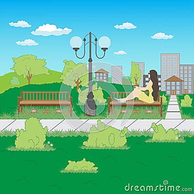 Girl drinking coffee in a park Vector Illustration
