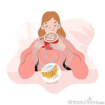 Girl drinking coffee in coffee shop or cafeteria, woman enjoying her cappuccino drink in red mug, young woman holding Vector Illustration